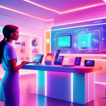 Create an image depicting a high-tech futuristic customer service interface at a sleek retail store. The scene includes a friendly AI assistant hologram actively engaging with a diverse customer who i