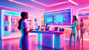 Create an image depicting a high-tech futuristic customer service interface at a sleek retail store. The scene includes a friendly AI assistant hologram actively engaging with a diverse customer who i