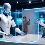 Create an image depicting a futuristic customer service experience where an AI-driven assistant interacts with a customer. The scene could be set in a sleek, modern store with holographic displays sho