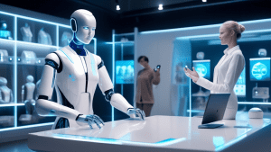 Create an image depicting a futuristic customer service experience where an AI-driven assistant interacts with a customer. The scene could be set in a sleek, modern store with holographic displays sho