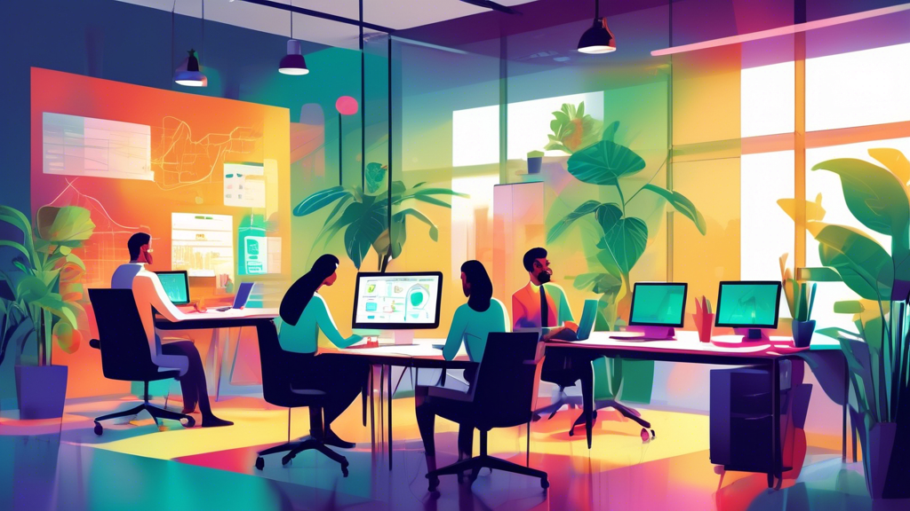 Create an illustration depicting a modern office environment where employees are engaged in collaborative work. Highlight advanced support tools like a central digital dashboard displaying performance