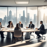 Create an image depicting a diverse group of stakeholders, including business professionals, community members, and investors, sitting around a large table in a modern, well-lit office. They are engag