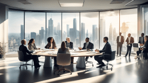 Create an image depicting a diverse group of stakeholders, including business professionals, community members, and investors, sitting around a large table in a modern, well-lit office. They are engag