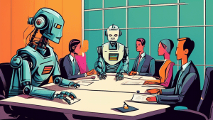 A robot conducting a business meeting at the head of a boardroom table filled with human employees.