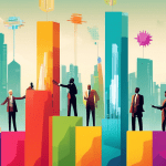 A group of diverse business people using futuristic tools to build a colorful bar graph that reaches to the sky, with the cityscape in the background