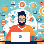Create an image of a business owner sitting at a desk, typing on a laptop, surrounded by icons representing various SEO tips and tools. The background includes a Google Business Profile on a large scr