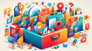 A toolbox overflowing with colorful icons representing Google Business Profile features, such as location pin, reviews, photos, website link, and call button, set against a backdrop of a bustling city