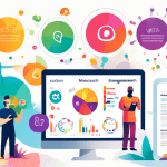 An infographic featuring essential metrics for measuring customer engagement, with colorful charts and graphs. Icons representing key metrics like click-through rates, time spent on site, social media