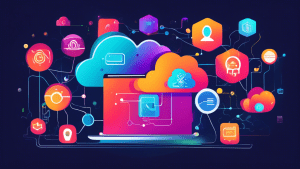 A colorful interconnected network of icons representing essential SaaS features like security, analytics, cloud storage, and customer support, floating above a user interacting with a sleek software i