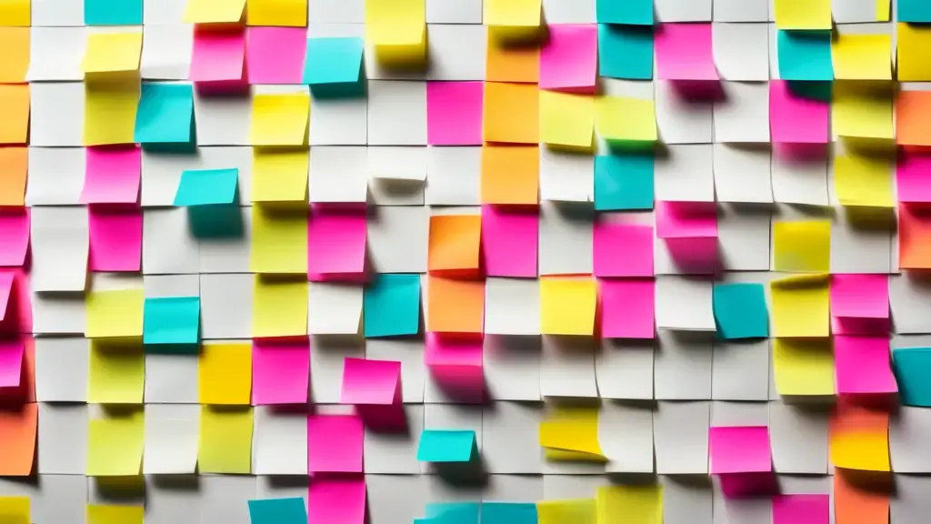 A symphony of colorful sticky notes arranged in neat columns on a whiteboard, with each note representing a task in an agile project management workflow