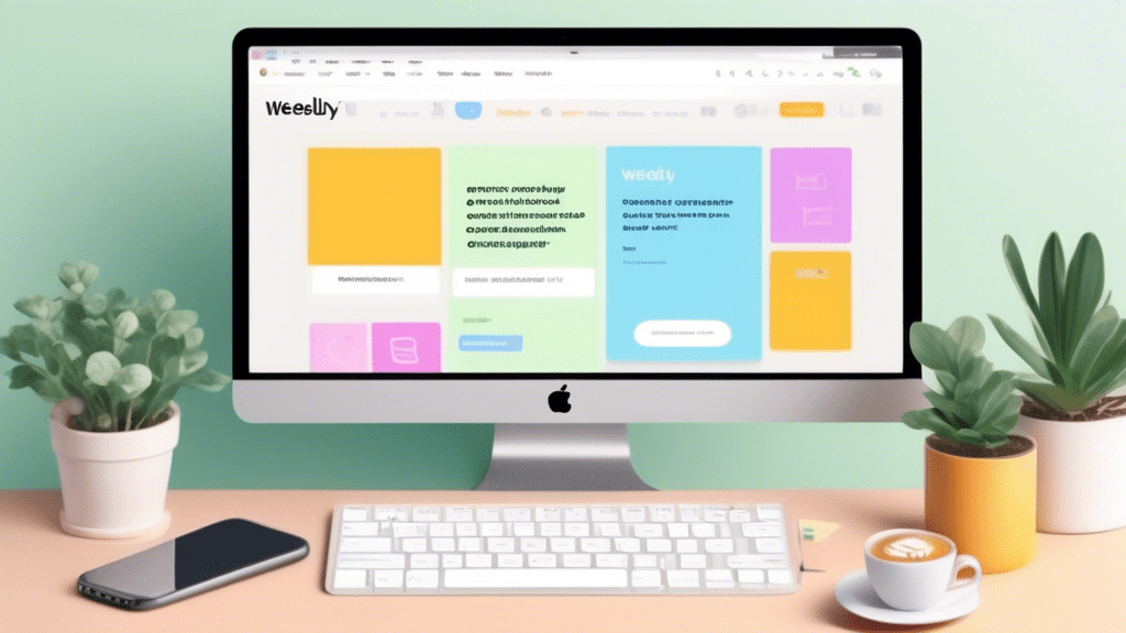 Create an image depicting a friendly and approachable online workspace for beginners, featuring a computer screen displaying the Weebly website builder interface. Surrounding the workspace, include co