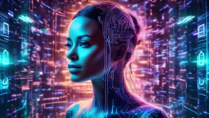 A futuristic woman with glowing circuitry patterns on her face, surrounded by holographic screens displaying complex data and code, with the words Eve AIO floating above her head