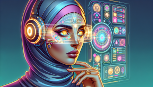 A futuristic woman with glowing eyes, wearing a sleek headset, interacts with a holographic display of data and applications, all powered by advanced AI.