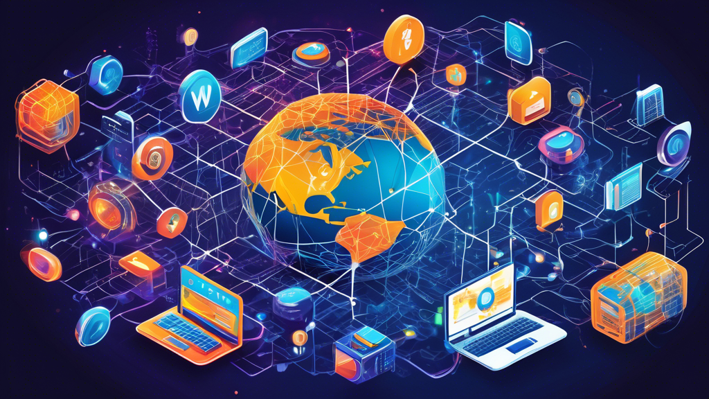 Create a detailed and vibrant illustration of the World Wide Web, featuring interconnected nodes and networks around a central 'WWW' symbol, with elements representing web browsers, search engines, co