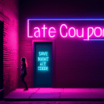 Generate an image of a glowing neon sign in a dark alley that reads Exclusive Late-Night Coupon Code in a stylized font. The sign should be illuminated with vibrant colors like pink, blue, and purple,