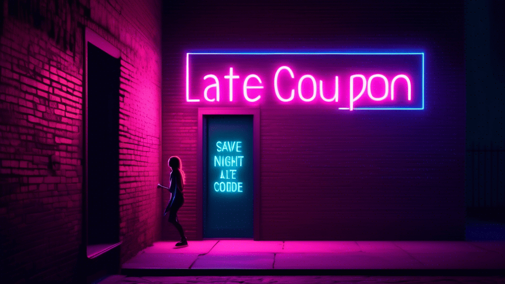 Generate an image of a glowing neon sign in a dark alley that reads Exclusive Late-Night Coupon Code in a stylized font. The sign should be illuminated with vibrant colors like pink, blue, and purple,