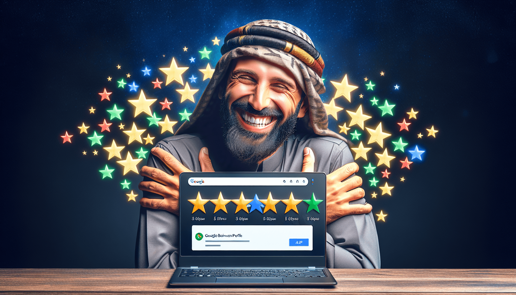 A business owner beaming with joy while surrounded by 5-star rating notifications popping up from their Google Business Profile on a laptop.