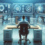 Digital illustration of a person sitting at a futuristic workstation with multiple holographic screens displaying various Google search tools and features, in a sleek, high-tech office environment. Th