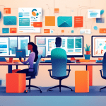 Create a detailed digital illustration showcasing a modern office environment with diverse professionals collaborating on a computer for campaign automation. Include elements like automated email sche