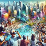 Digital artists creating a futuristic cityscape filled with diverse people of all ages using various advanced mobile devices like smart glasses, holographic watches, and augmented reality interfaces,