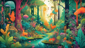 DALL-E Prompt: A lush, vibrant forest with a variety of plants, animals, and microorganisms interacting harmoniously, showcasing the intricate web of life and the diverse components that make up a thr
