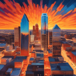 A stunning aerial view of the Dallas skyline at sunset, with a focus on the iconic Summit building rising above the city, its distinctive architecture and gleaming glass facade reflecting the warm hue