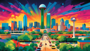 Create an image depicting the vibrant atmosphere of Summit Dallas, showcasing key landmarks such as the Reunion Tower, the Dallas Museum of Art, and the bustling streets filled with people. Include el