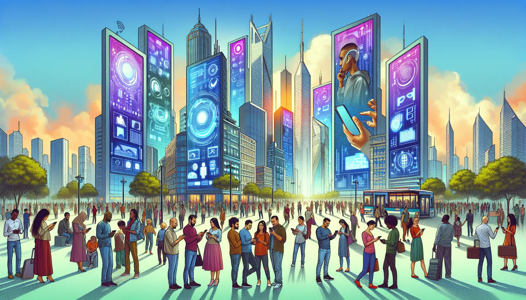 A futuristic cityscape with towering digital screens displaying various mobile communication platforms, with diverse people using smartphones and tablets, interacting with advanced, interactive digita