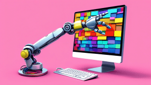 A robot arm extracting colorful data from a computer screen