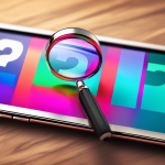 A magnifying glass hovering over a smartphone displaying a phone number with a question mark reflecting in the glass.