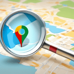 A magnifying glass hovering over a map with a Google Maps pin labeled Google Business Profile sticking out of it.