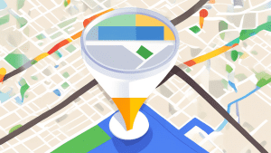 A magnifying glass hovering over a Google Maps location pin with the Google My Business logo inside.