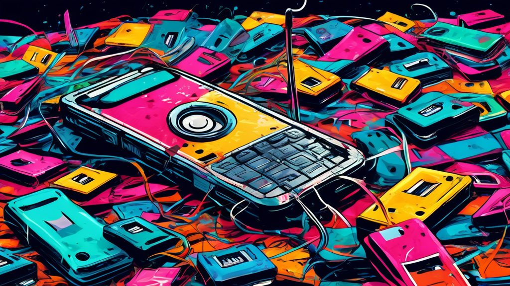 A distressed android phone with its antenna bent, drowning in a pile of unheard voicemails represented by audio cassettes.