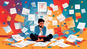 A frustrated person surrounded by floating calendar pages, clocks, and notifications, with a giant Google Calendar logo looming in the background.