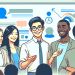 A portrait of a friendly man with glasses giving a presentation about online marketing to a diverse group of people who are smiling and engaged.
