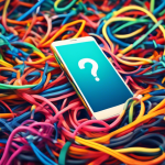 A smartphone with its screen displaying a verification code, tangled in a mess of colorful phone cords shaped like a question mark.