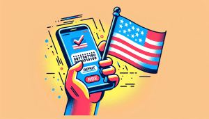 A hand holding a smartphone with a notification showing a verification code next to an American flag.