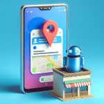 A chatbot answering questions on a giant smartphone with a Google Maps location pin on the screen and a small storefront below it.