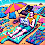 A person relaxing on a beach chair, laptop on their lap displaying a Passive Income Report with a graph showing rising profits, surrounded by colorful beach towels, t-shirts, and phone cases printed w
