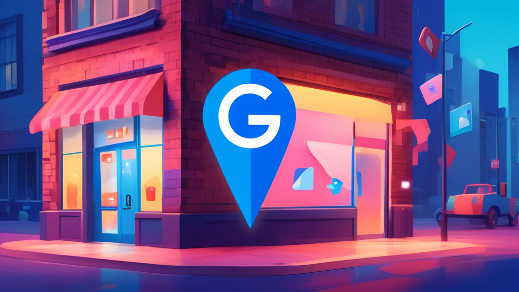 A storefront with a giant Google Maps pin next to it, the pin has a blue checkmark floating above it and is glowing.
