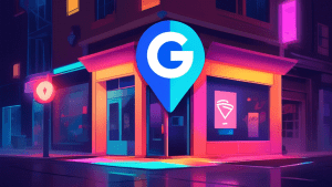 A storefront with a giant Google Maps pin hovering above it, glowing with a checkmark inside.