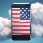 A smartphone with the American flag on the screen, floating in the clouds