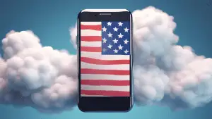 A smartphone with the American flag on the screen, floating in the clouds