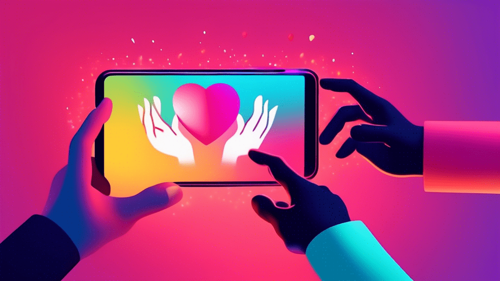 A hand reaching out from a smartphone screen labeled TikTok toward another hand reaching back, with a glowing heart floating between them
