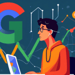A confused person looking overwhelmed at a giant computer screen with the Google Analytics logo, a lifeline being thrown to them.
