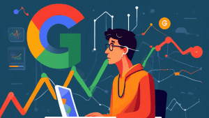 A confused person looking overwhelmed at a giant computer screen with the Google Analytics logo, a lifeline being thrown to them.