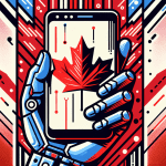 A hand holding a smartphone with a red maple leaf on the screen against a backdrop of the Canadian flag