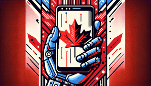 A hand holding a smartphone with a red maple leaf on the screen against a backdrop of the Canadian flag