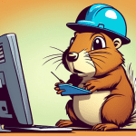 A confused cartoon gopher wearing a hard hat holding a website address bar and a computer terminal with code on the screen.