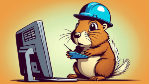 A confused cartoon gopher wearing a hard hat holding a website address bar and a computer terminal with code on the screen.